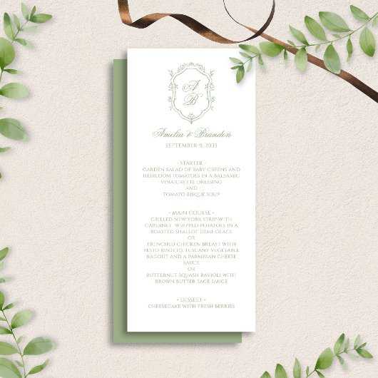 Menu Formal Classic Sage Green Monogram Crest Wedding
