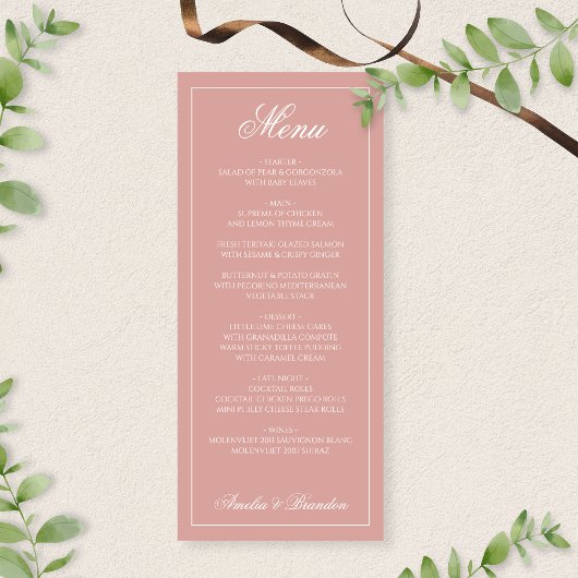 Menu Formal Dusty Rose & White Border Script Wedding