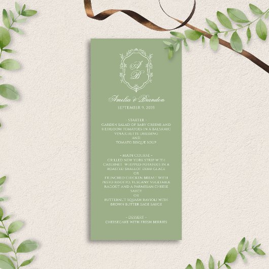 Menu Formal Elegant Sage Green Monogram Crest Wedding