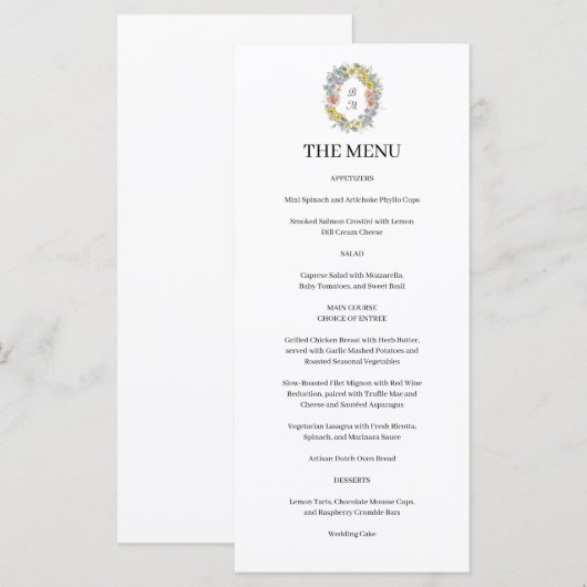 Menu Formal Floral Crest Monogram Wedding  (Devant / Derrière)