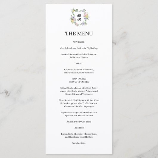 Menu Formal Floral Monogram Crest Wedding (Devant)