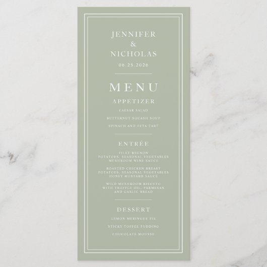 Menu Formal Minimal Sage Green Wedding (Devant)