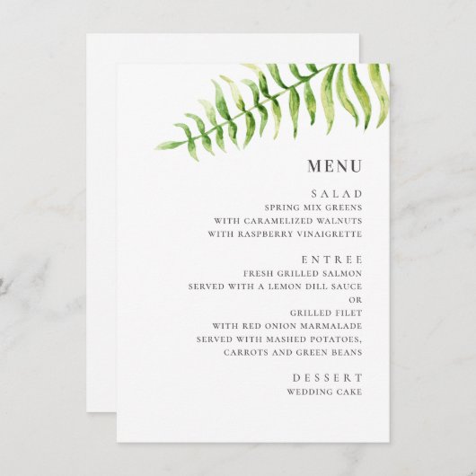 Menu fougère vert aquarelle. Mariage botanique vert (Devant / Derrière)