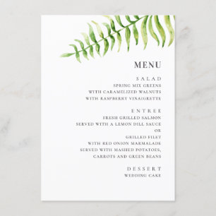 Menu fougère vert aquarelle. Mariage botanique vert