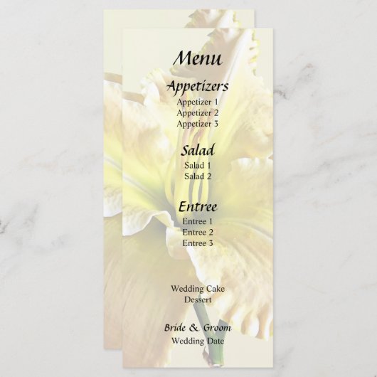 Menu Fournitures de mariage Lys du jour jaune (Devant / Derrière)