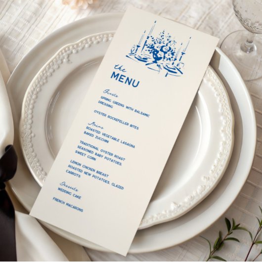Menu French Blue Whimsical Hand Drawn Wedding Dinner