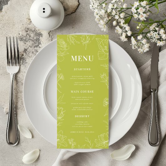 Menu Fresh Bright Lime Green Drawn Floral Bloom Wedding