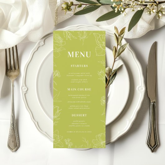 Menu Fresh Bright Lime Green Drawn Floral Bloom Wedding