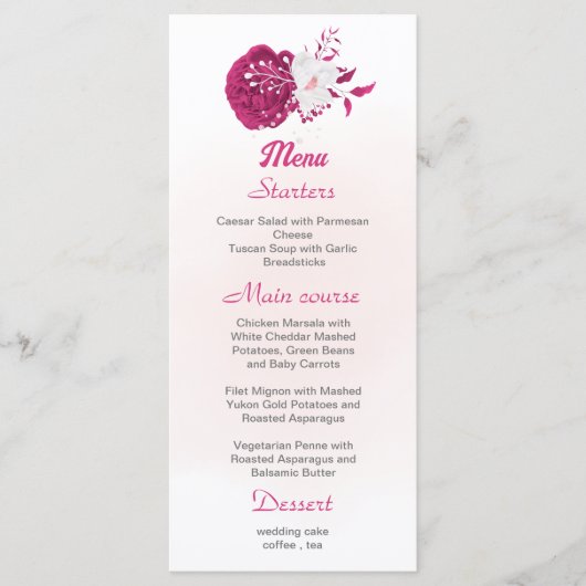 menu fuchsia & blanc à fleurs mariage (Devant)