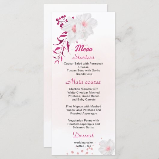 menu fuchsia & blanc à fleurs mariage (Devant / Derrière)