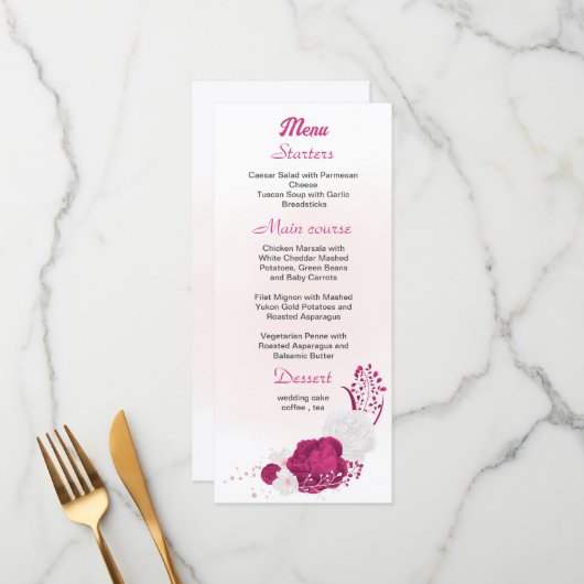 Menu fuchsia & blanc mariage floral (Devant/Arrière en situation)