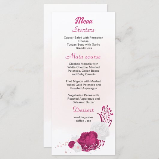 Menu fuchsia & blanc mariage floral (Devant / Derrière)