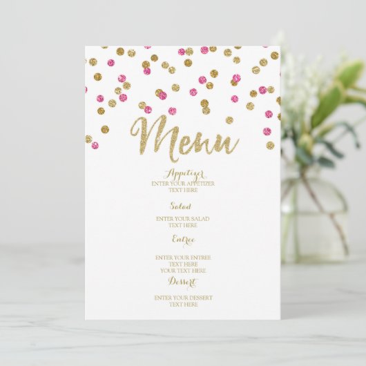 Menu fuchsia rose de mariage de confettis d'or (Debout devant)