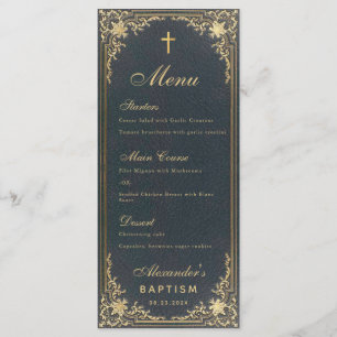 Menu Garçon Baptême Bleu Or Élégant Calligraphie Vintag