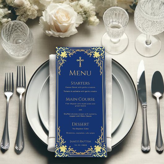 Menu Garçon Baptême Royal Bleu Faux Or Croix religieuse