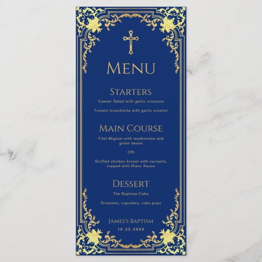 Menu Garçon Baptême Royal Bleu Faux Or Croix religieuse (Devant)
