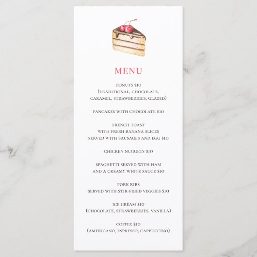 Menu Gâteau ou tarte à l'aquarelle. Dessert simple de c (Devant)