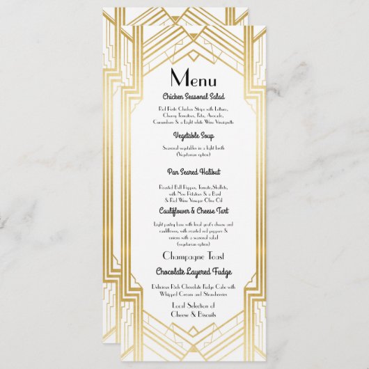 Menu Gatsby Réception de Mariage Art Déco 1920 (Devant / Derrière)