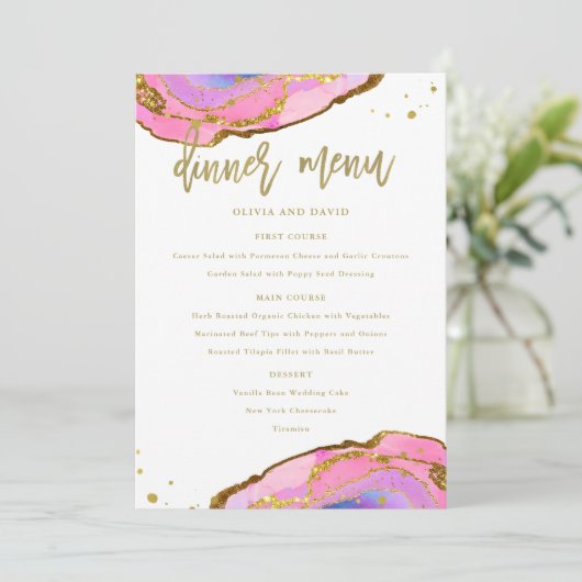 Menu Géode bleu rose et or | Mariage (Debout devant)
