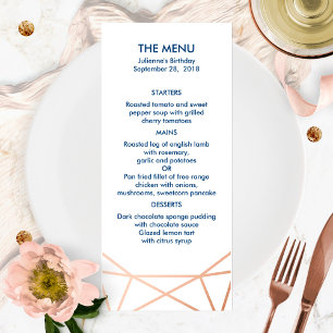 Menu géométrique élégant rose gold et bleu marine
