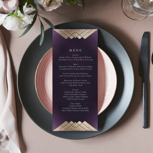 Menu Géométrique White Purple Gold Gatsby Mariage