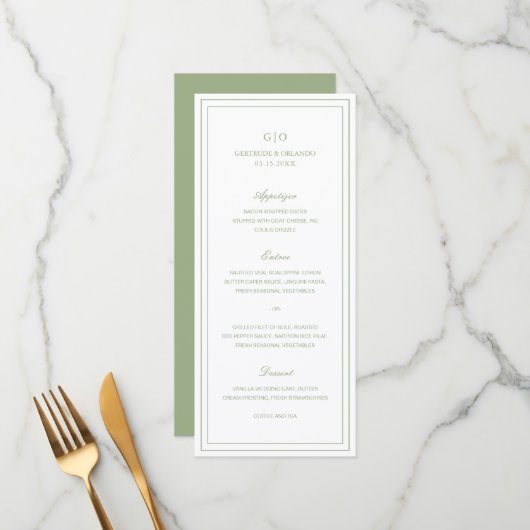 Menu Gertrude Sage Green Classic Mariage élégant (Devant/Arrière en situation)