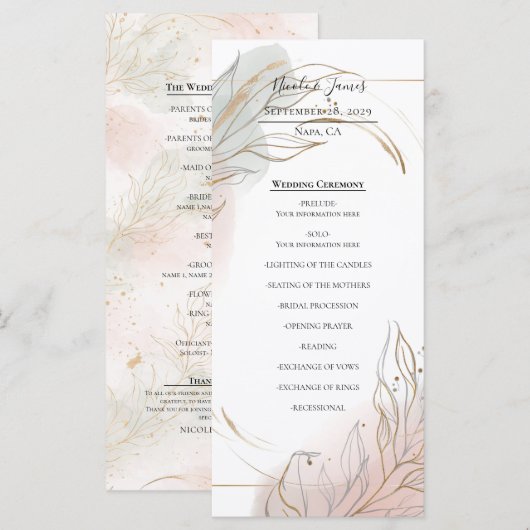 Menu Gilded Gold Sage & Blush Botanical Wedding Program (Devant / Derrière)