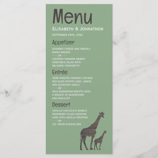 Menu Giraffe Safari d'argile, Mariage rustique (Devant)
