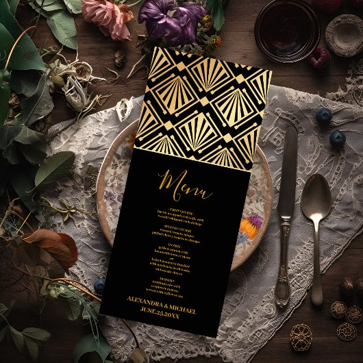 Menu Glam Art Déco Black Gatsby 1920 Style Mariage