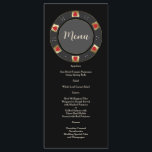 Menu Glam Vegas Casino Gold Poker Mariage<br><div class="desc">Carte de mariage à thème Las Vegas Casino. Il dispose d'un design de puces de poker unique orné de faux or, coeurs rouges avec un faux trait d'or, une paire de dés, pour une touche de luxe. Utilisez l'outil Personnaliser pour ajouter vos informations. Plus d'idées dans ma collection de Poker...</div>