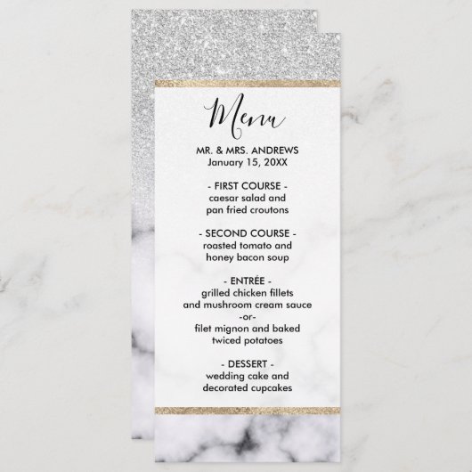 Menu Glamorous Silver White Glitter Marble Gradient (Devant / Derrière)