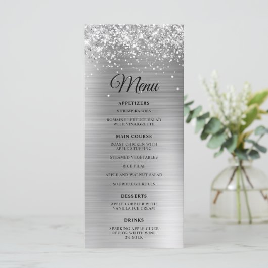 Menu Glittery Argent Foil Réception de mariage (Debout devant)