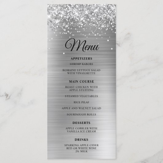 Menu Glittery Argent Foil Réception de mariage (Devant)