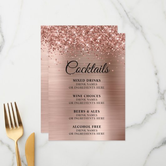 Menu Glittery Rose Gold Foil Cocktails Bar (Devant/Arrière en situation)