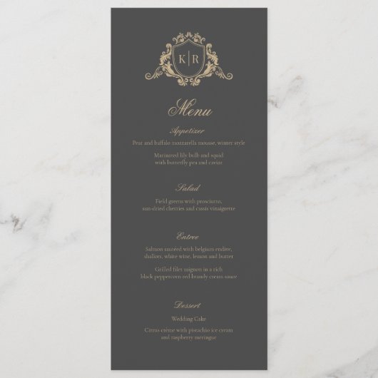 Menu Gold Baroque Crest Dark Grey Monogram Mariage (Devant)