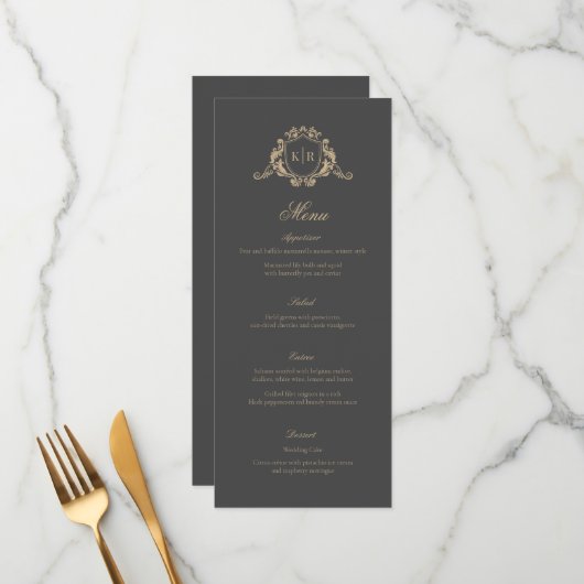 Menu Gold Baroque Crest Dark Grey Monogram Mariage (Devant/Arrière en situation)