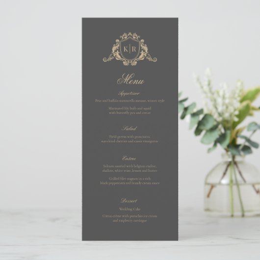 Menu Gold Baroque Crest Dark Grey Monogram Mariage (Debout devant)