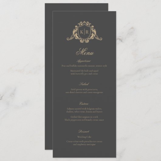 Menu Gold Baroque Crest Dark Grey Monogram Mariage (Devant / Derrière)