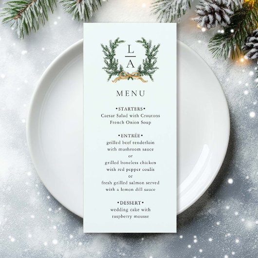 Menu Gold Bow & Evergreen Wreath Mint Wedding