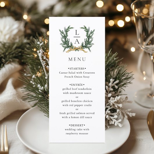 Menu Gold Bow & Evergreen Wreath Wedding