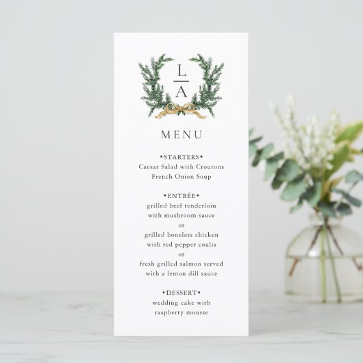 Menu Gold Bow & Evergreen Wreath Wedding (Debout devant)