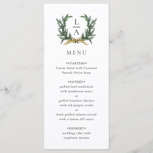 Menu Gold Bow & Evergreen Wreath Wedding (Devant)