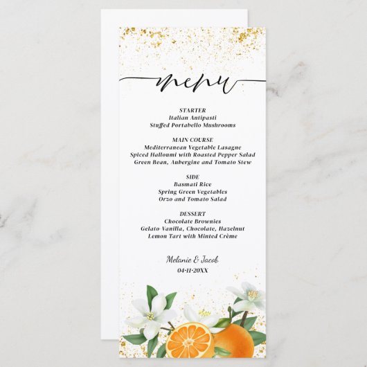 Menu Gold Citrus Orange Script Floral Wedding (Devant / Derrière)