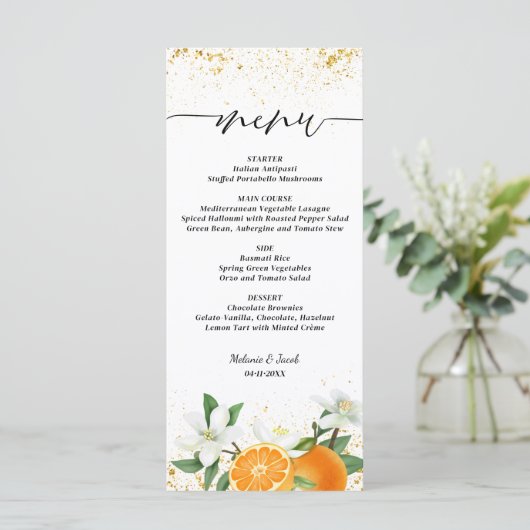 Menu Gold Citrus Orange Script Floral Wedding (Debout devant)