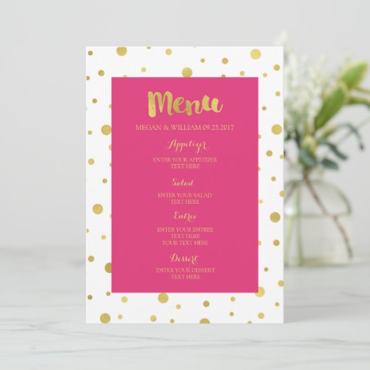 Menu Gold Confetti Fuchsia Hot Pink Mariage (Debout devant)