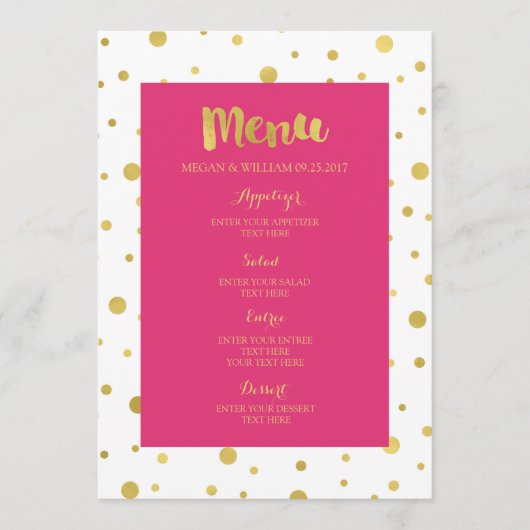 Menu Gold Confetti Fuchsia Hot Pink Mariage (Devant)