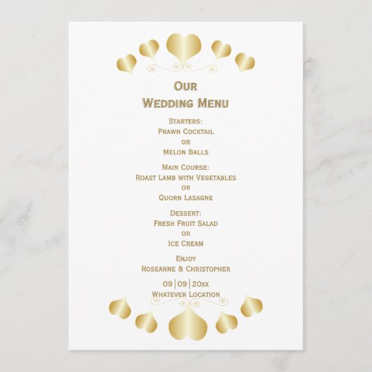 Menu Gold Hearts Design Wedding (Devant)