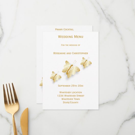 Menu Gold Mariage Papillons Design (Devant/Arrière en situation)