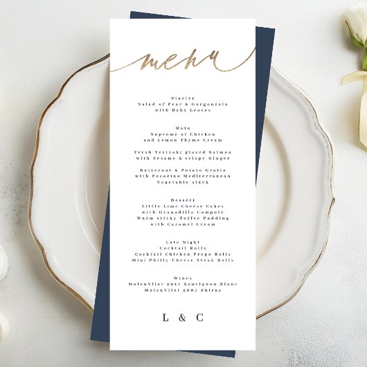 Menu Gold Navy Bleu Blanc Simple Mariage classique