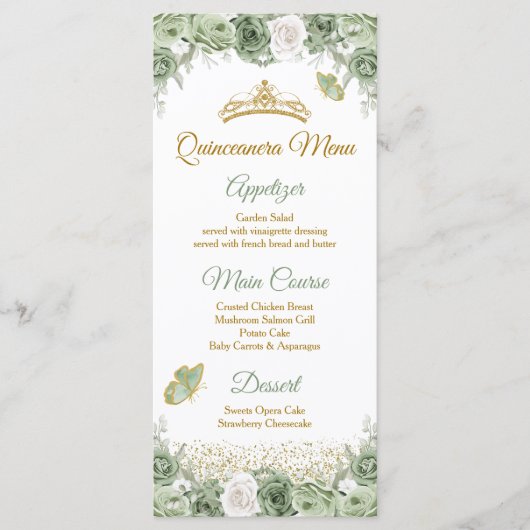 Menu Gold Quinceañera Sage Green Crown Butterfly (Devant)